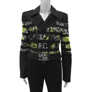 BCBG Max Azria Womens Biker Jacket Black Cotton Floral Zip Long Sleeve Size M